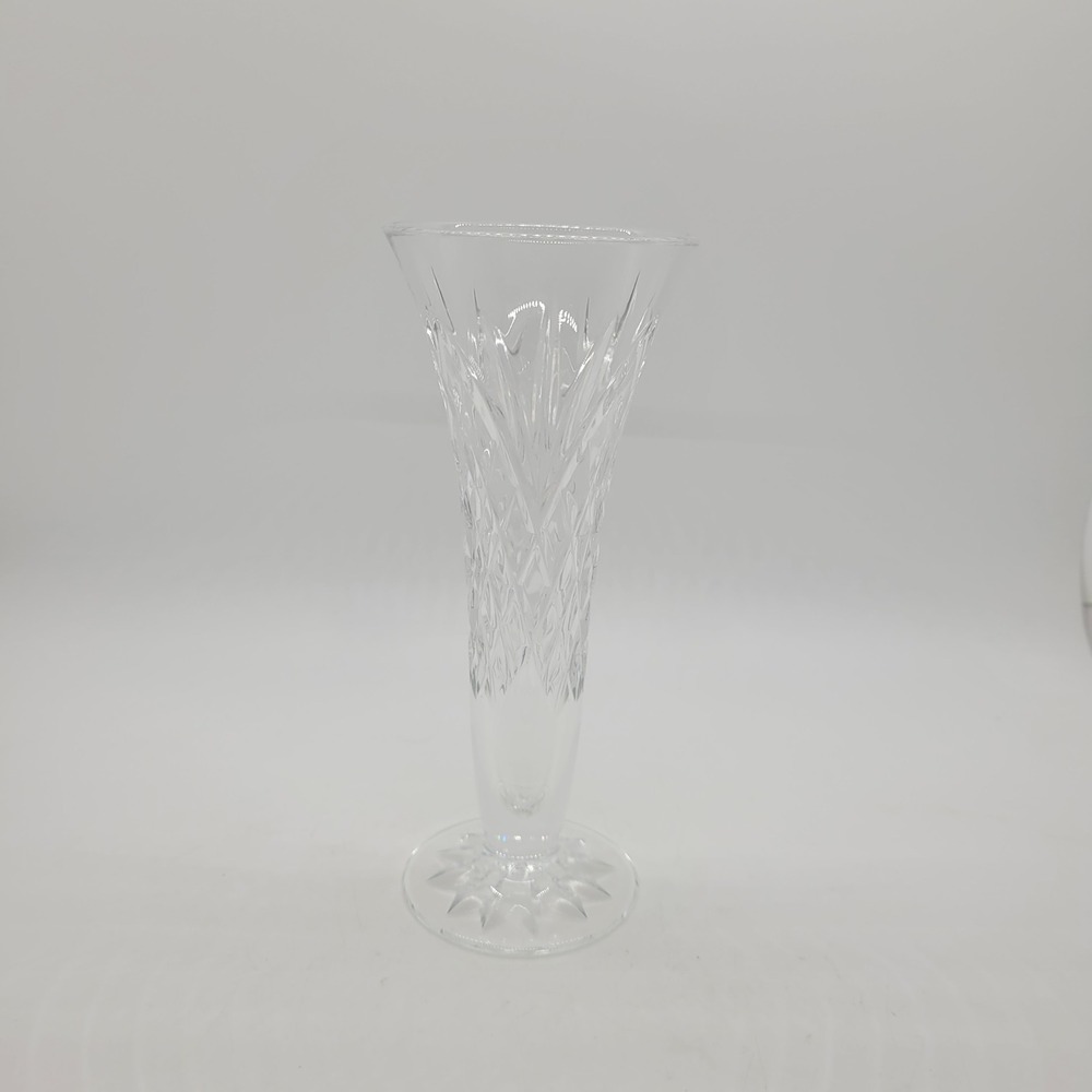 Vintage Cut Crystal Trumpet Bud Vase 7 Inch Starburst Base Clear Glass